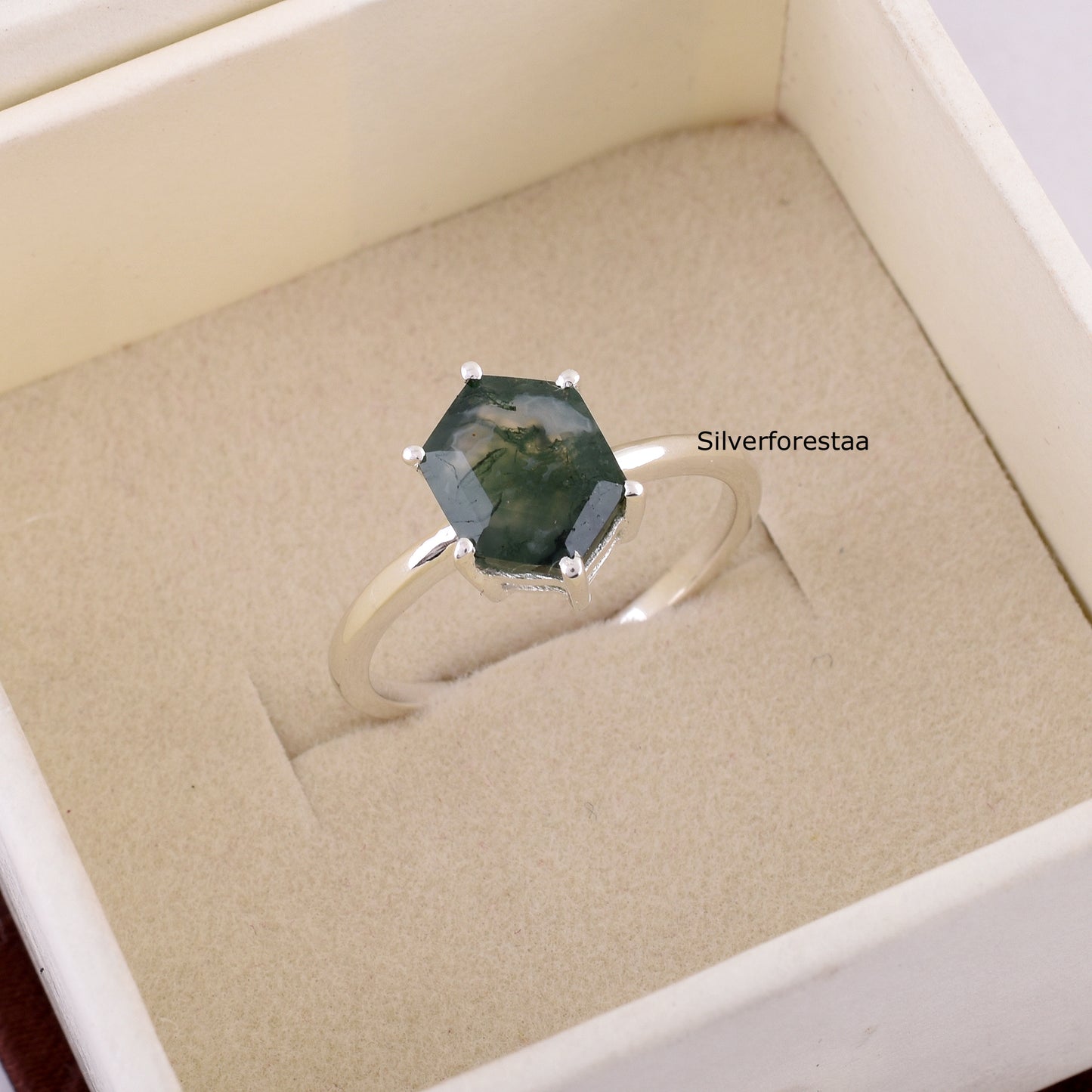 Dainty Moss Agate Ring Perfect Anniversary Gift - SilverForestaa