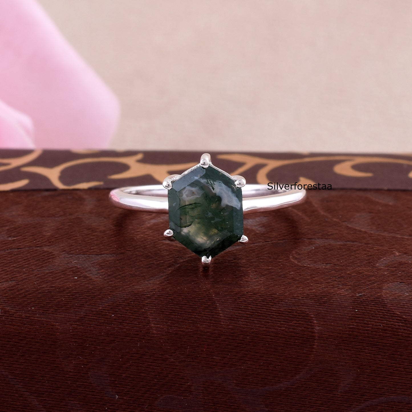 Dainty Moss Agate Ring Perfect Anniversary Gift - SilverForestaa