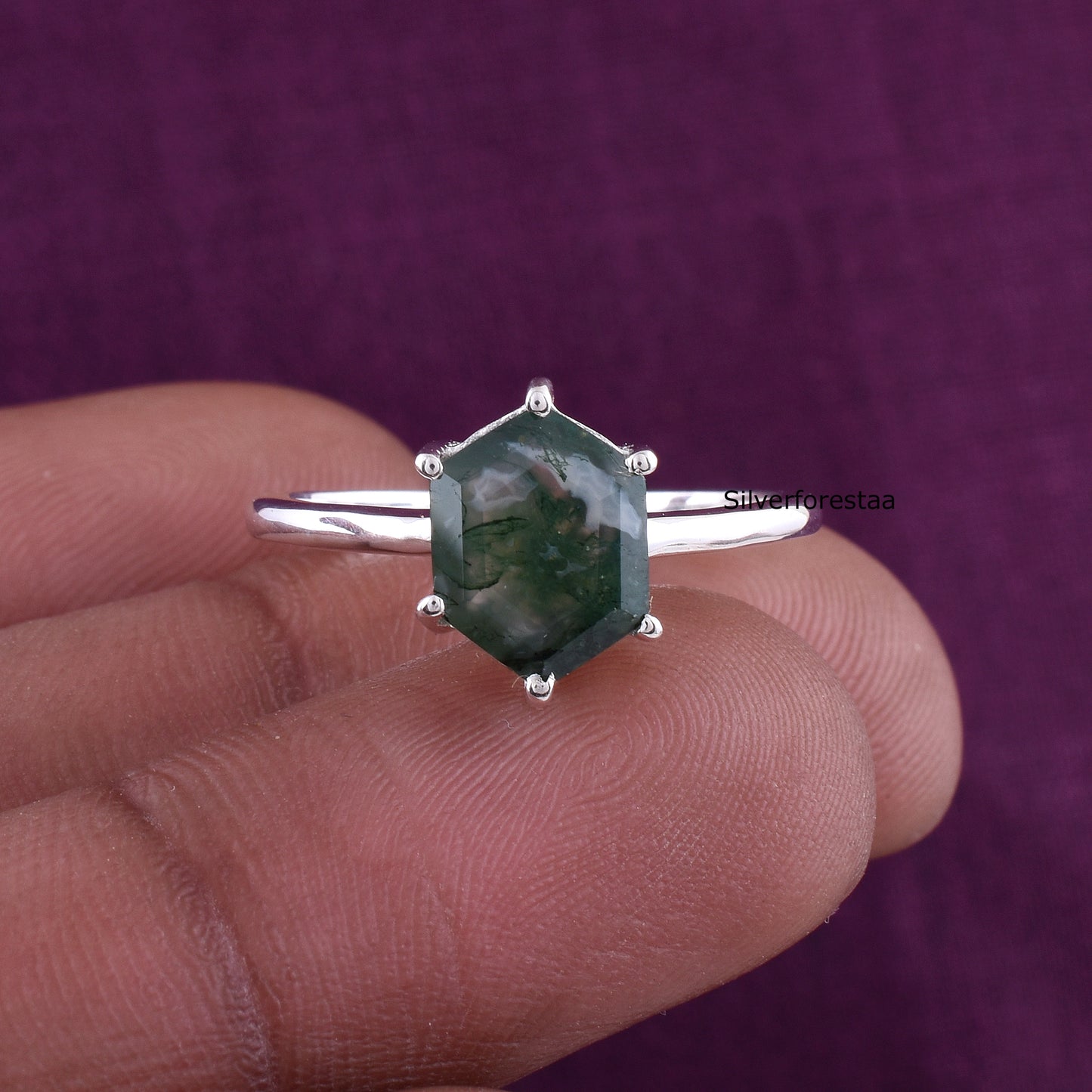 Dainty Moss Agate Ring Perfect Anniversary Gift - SilverForestaa