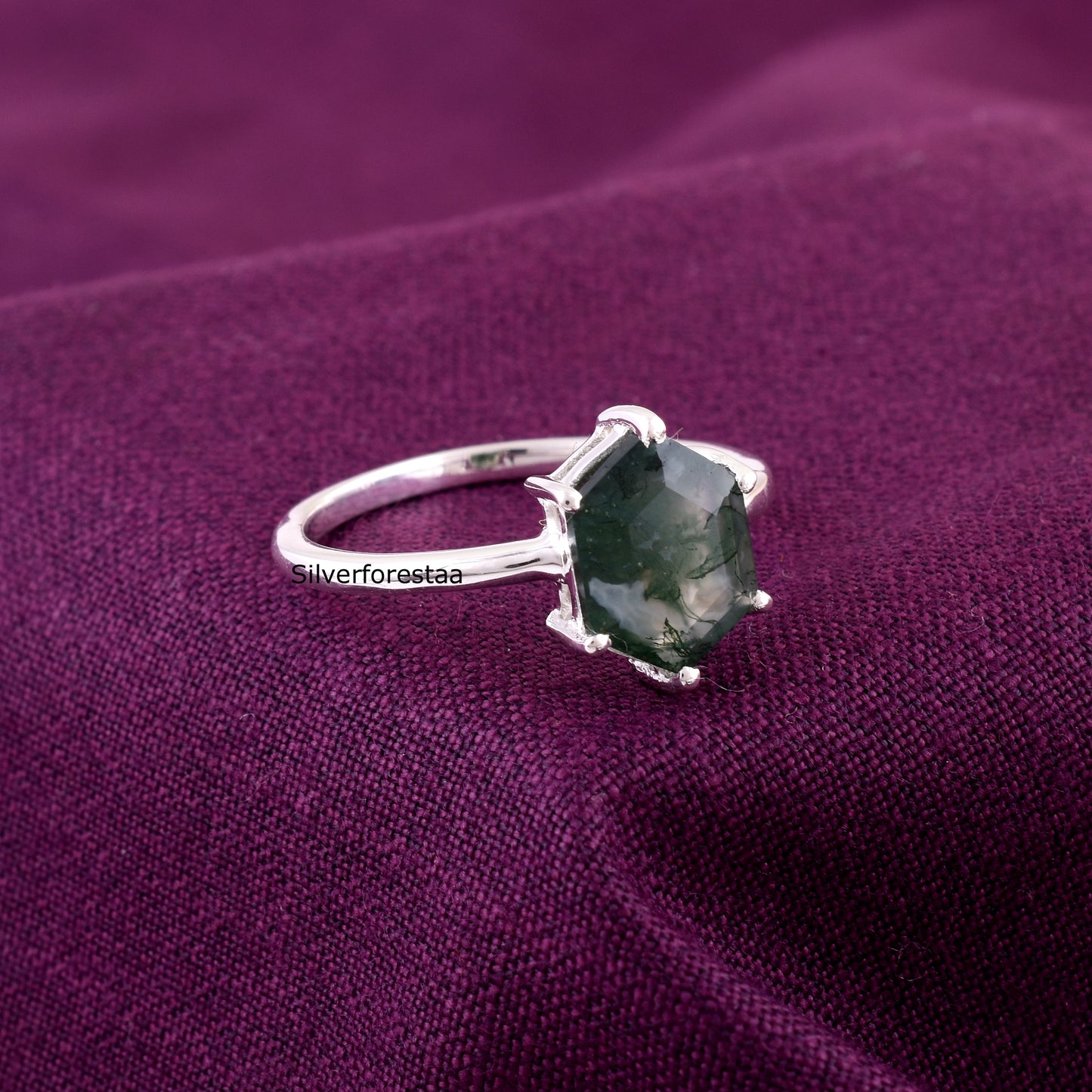 Dainty Moss Agate Ring Perfect Anniversary Gift - SilverForestaa