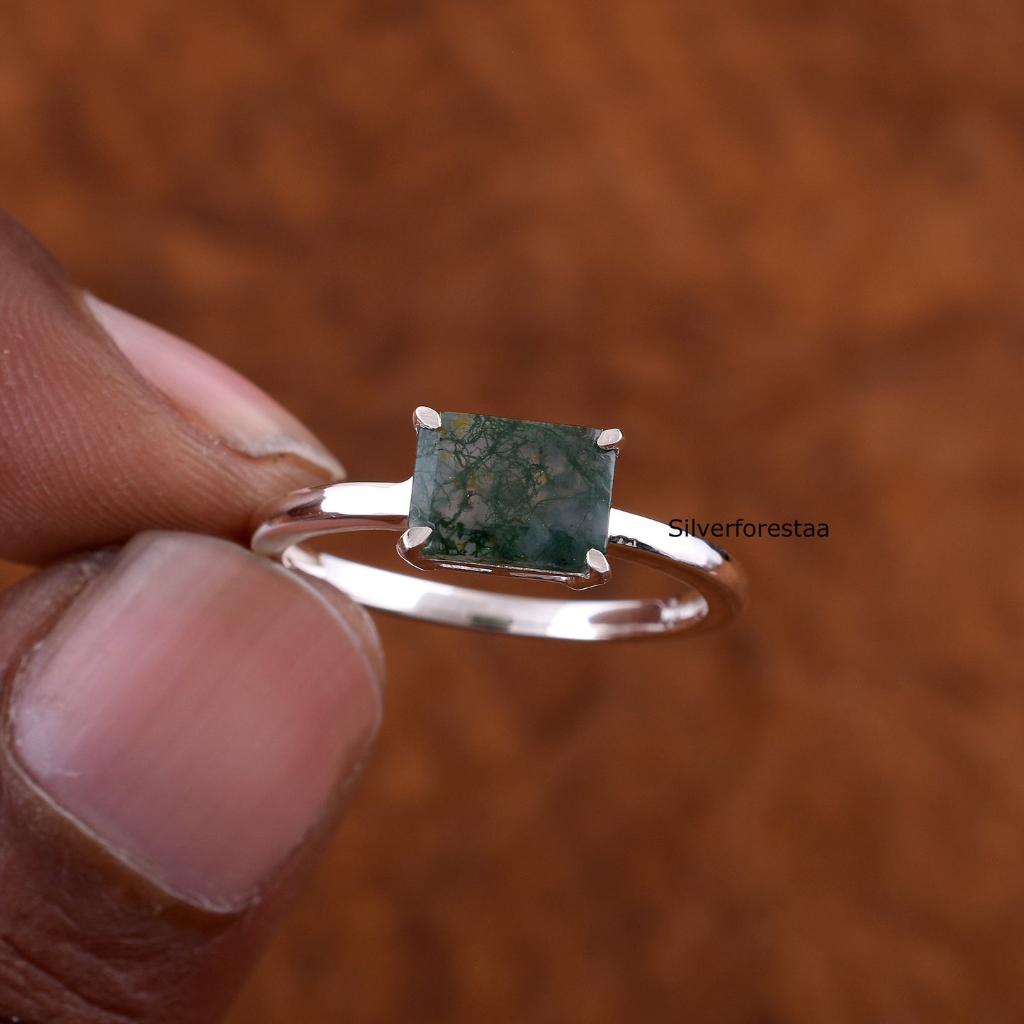 Natural Moss Agate Ring 925 Silver SilverForestaa Jewelry