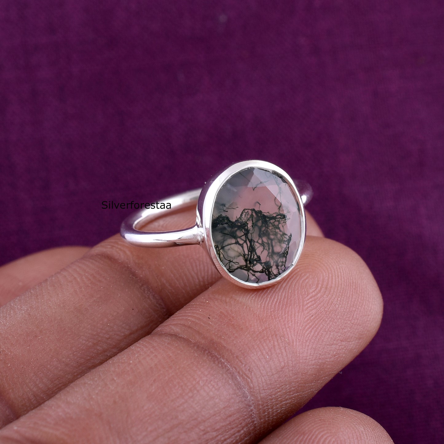 Midnight Moss Agate Silver Ring - SilverForestaa
