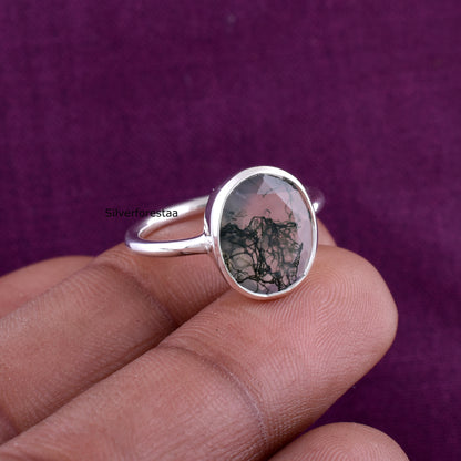 Midnight Moss Agate Silver Ring - SilverForestaa