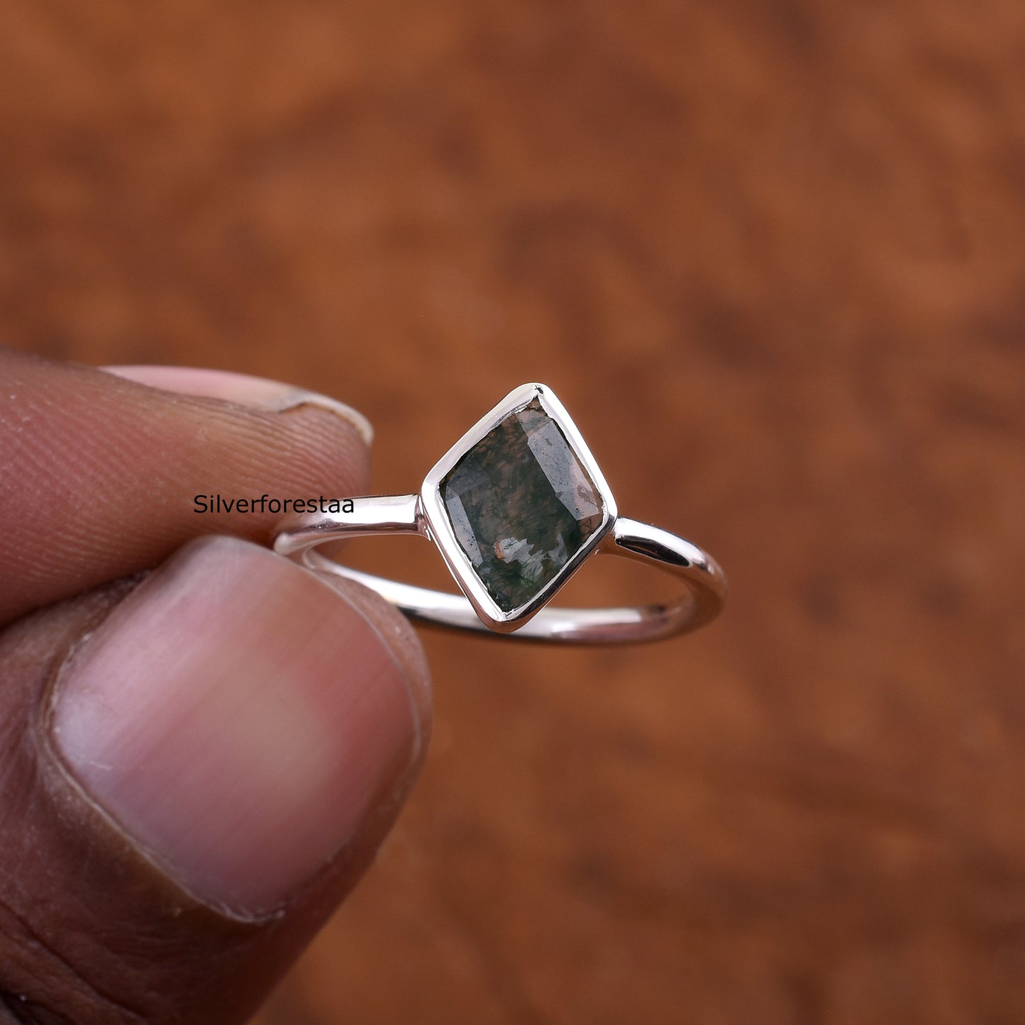 Natural Moss Agate Ring Elegant Silver Anniversary Ring