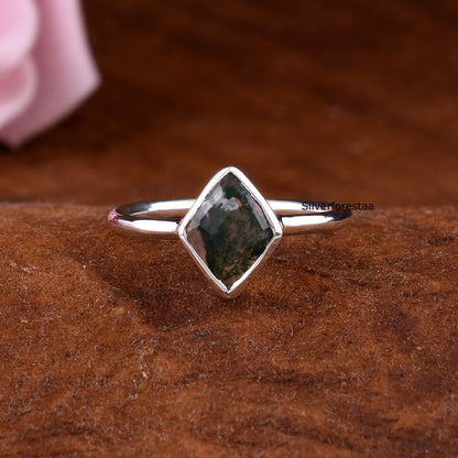 Natural Moss Agate Ring Elegant Silver Anniversary Ring