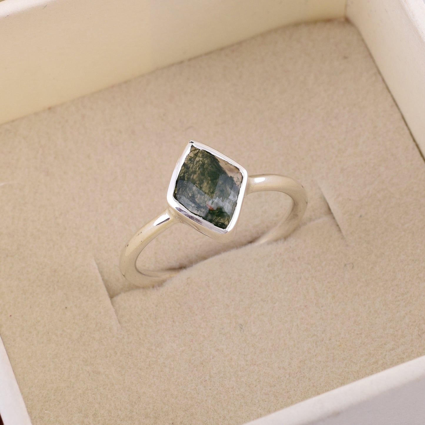 Natural Moss Agate Ring Elegant Silver Anniversary Ring