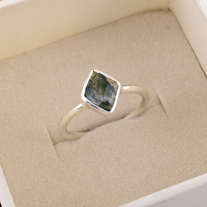 Natural Moss Agate Ring Elegant Silver Anniversary Ring