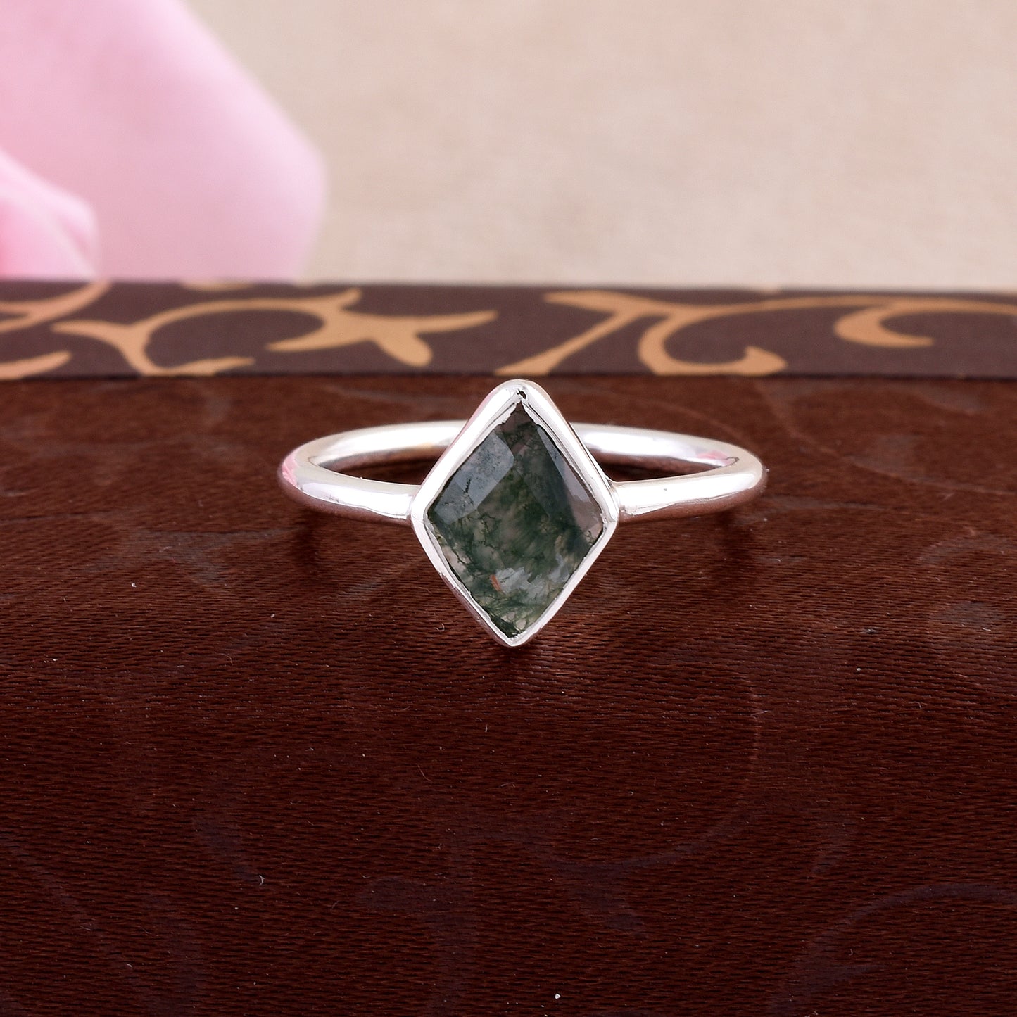 Natural Moss Agate Ring Elegant Silver Anniversary Ring