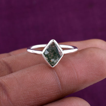 Natural Moss Agate Ring Elegant Silver Anniversary Ring