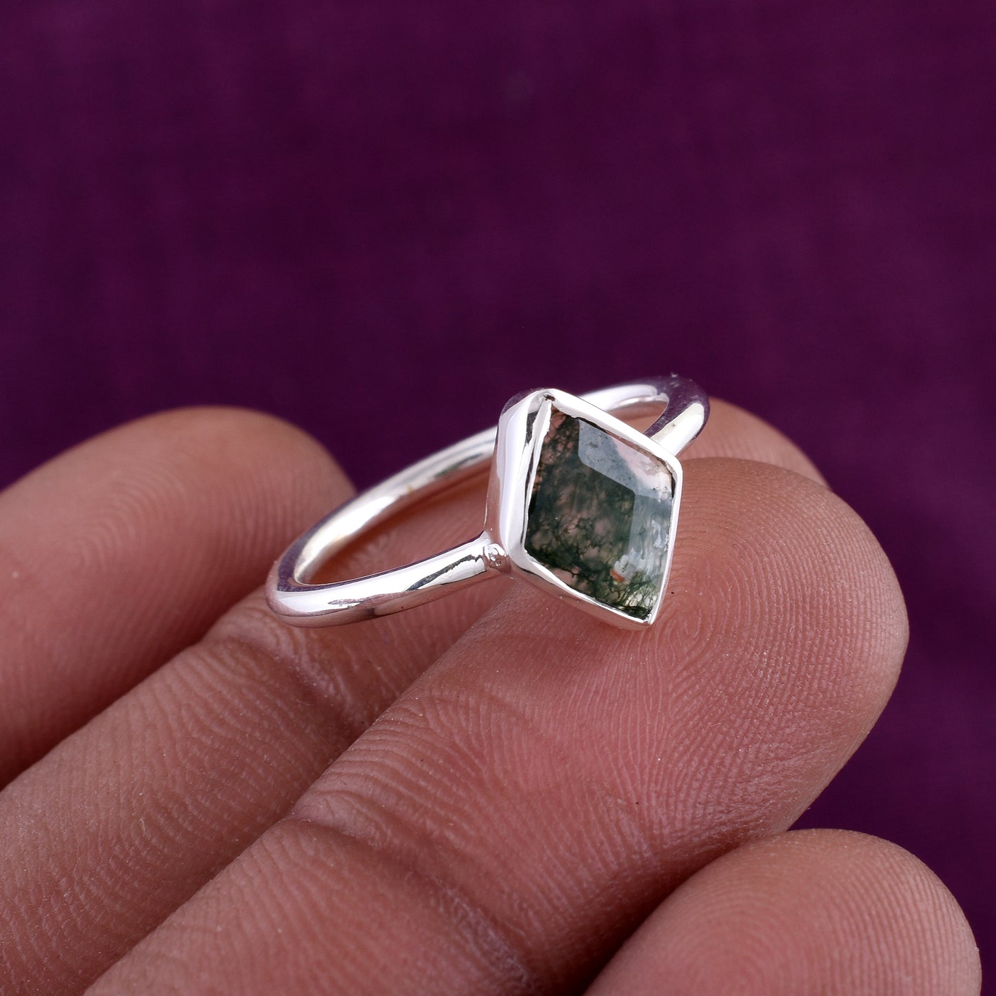 Natural Moss Agate Ring Elegant Silver Anniversary Ring