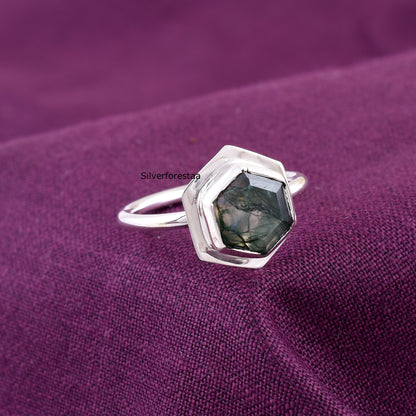 Handmade Moss Agate Ring 925 Silver Bridal Jewelry