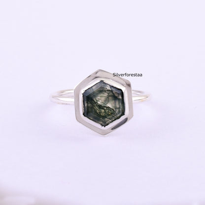 Handmade Moss Agate Ring 925 Silver Bridal Jewelry