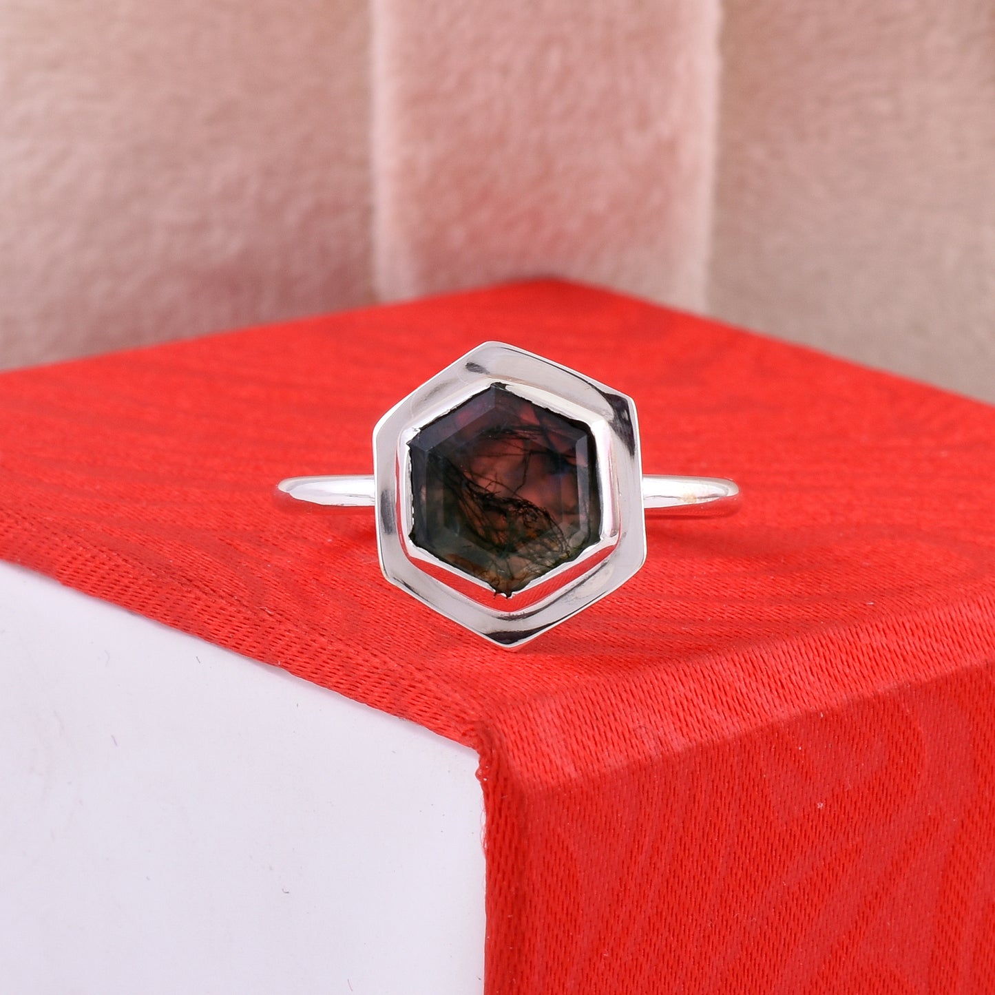 Handmade Moss Agate Ring 925 Silver Bridal Jewelry