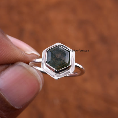 Handmade Moss Agate Ring 925 Silver Bridal Jewelry