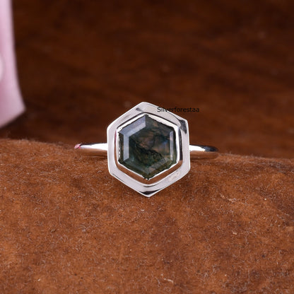 Handmade Moss Agate Ring 925 Silver Bridal Jewelry