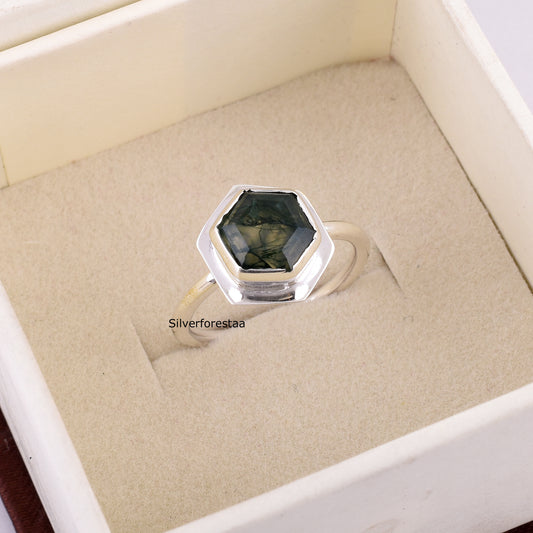 Handmade Moss Agate Ring 925 Silver Bridal Jewelry