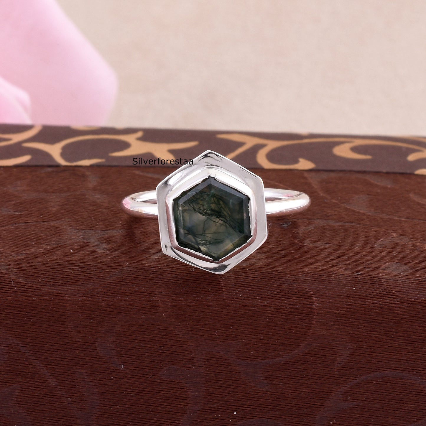 Handmade Moss Agate Ring 925 Silver Bridal Jewelry