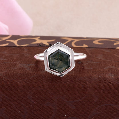 Handmade Moss Agate Ring 925 Silver Bridal Jewelry