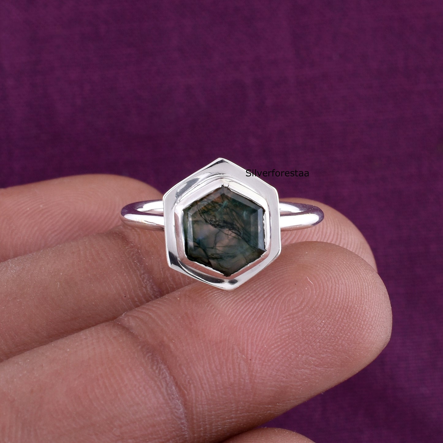 Handmade Moss Agate Ring 925 Silver Bridal Jewelry
