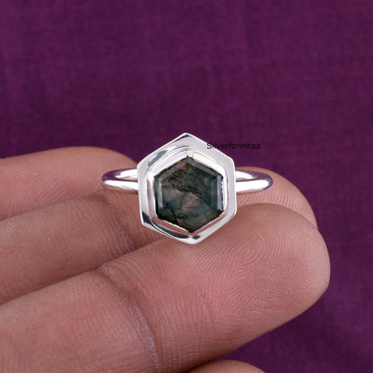 Handmade Moss Agate Ring 925 Silver Bridal Jewelry