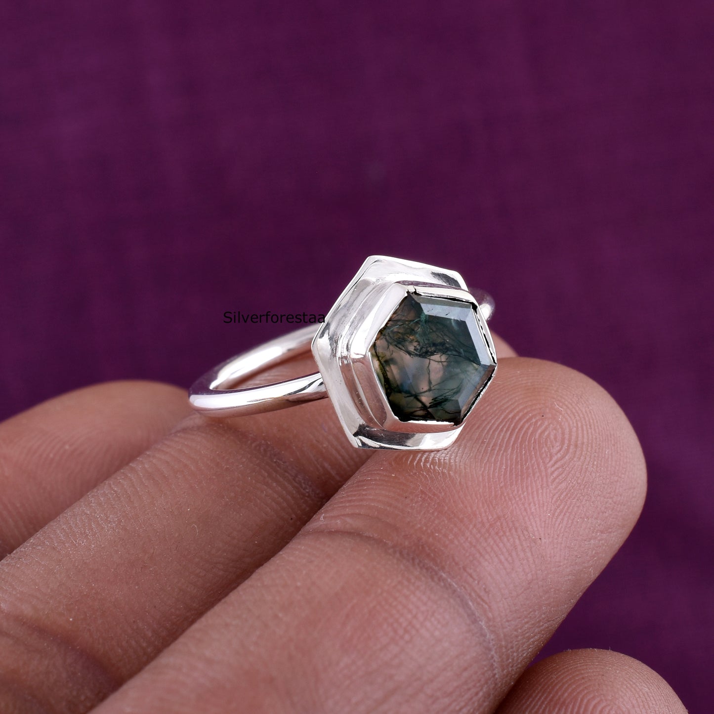 Handmade Moss Agate Ring 925 Silver Bridal Jewelry