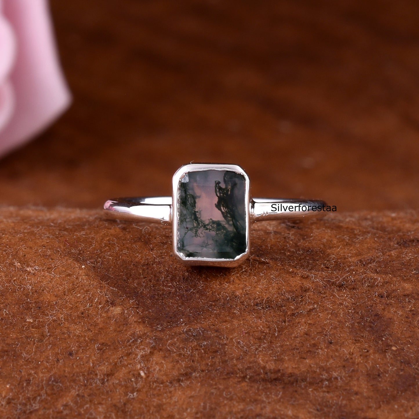 Natural Moss Agate Ring 925 Silver Gemstone Jewelry