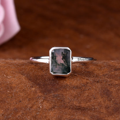 Natural Moss Agate Ring 925 Silver Gemstone Jewelry