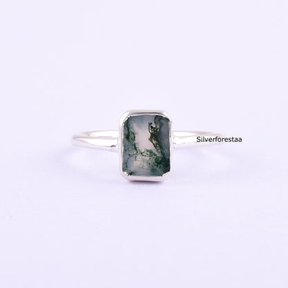 Natural Moss Agate Ring 925 Silver Gemstone Jewelry