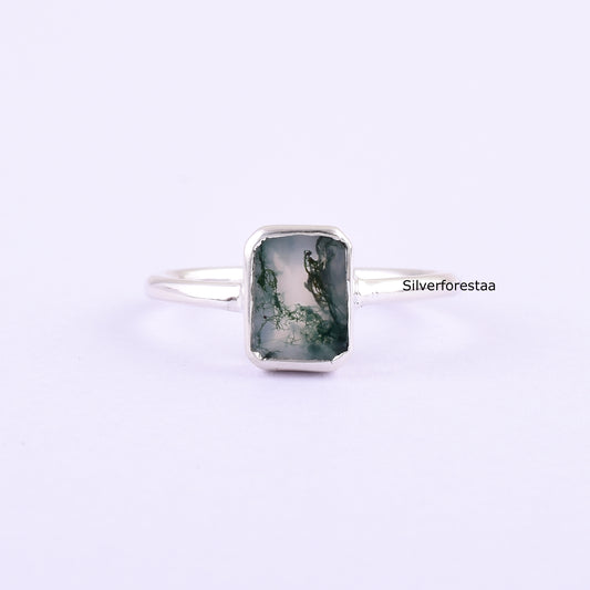 Natural Moss Agate Ring 925 Silver Gemstone Jewelry