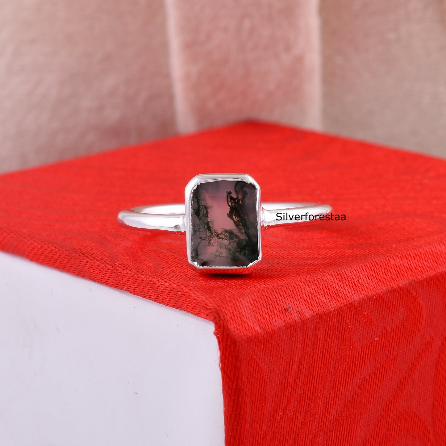 Natural Moss Agate Ring 925 Silver Gemstone Jewelry