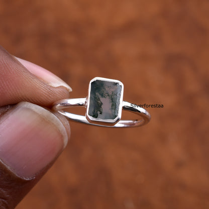 Natural Moss Agate Ring 925 Silver Gemstone Jewelry
