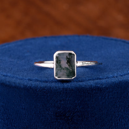 Natural Moss Agate Ring 925 Silver Gemstone Jewelry