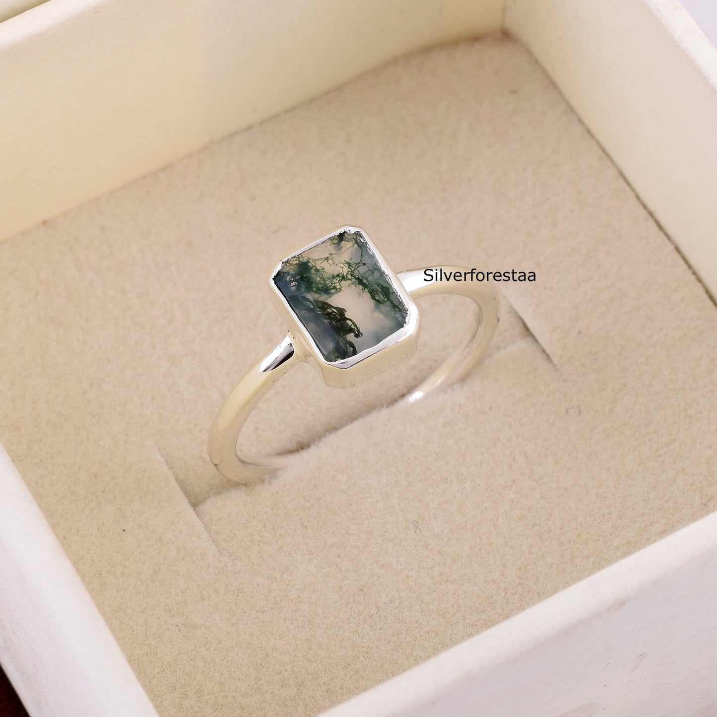 Natural Moss Agate Ring 925 Silver Gemstone Jewelry