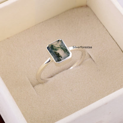 Natural Moss Agate Ring 925 Silver Gemstone Jewelry