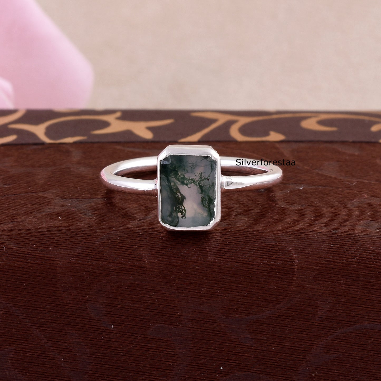 Natural Moss Agate Ring 925 Silver Gemstone Jewelry