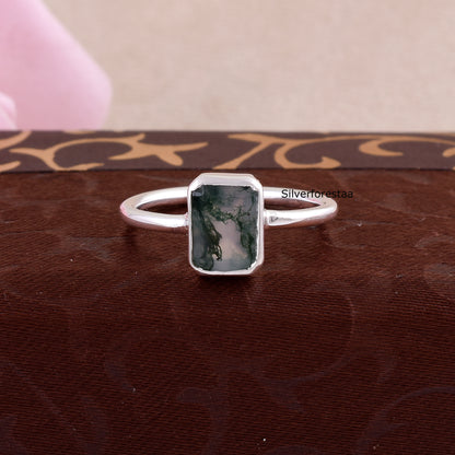 Natural Moss Agate Ring 925 Silver Gemstone Jewelry