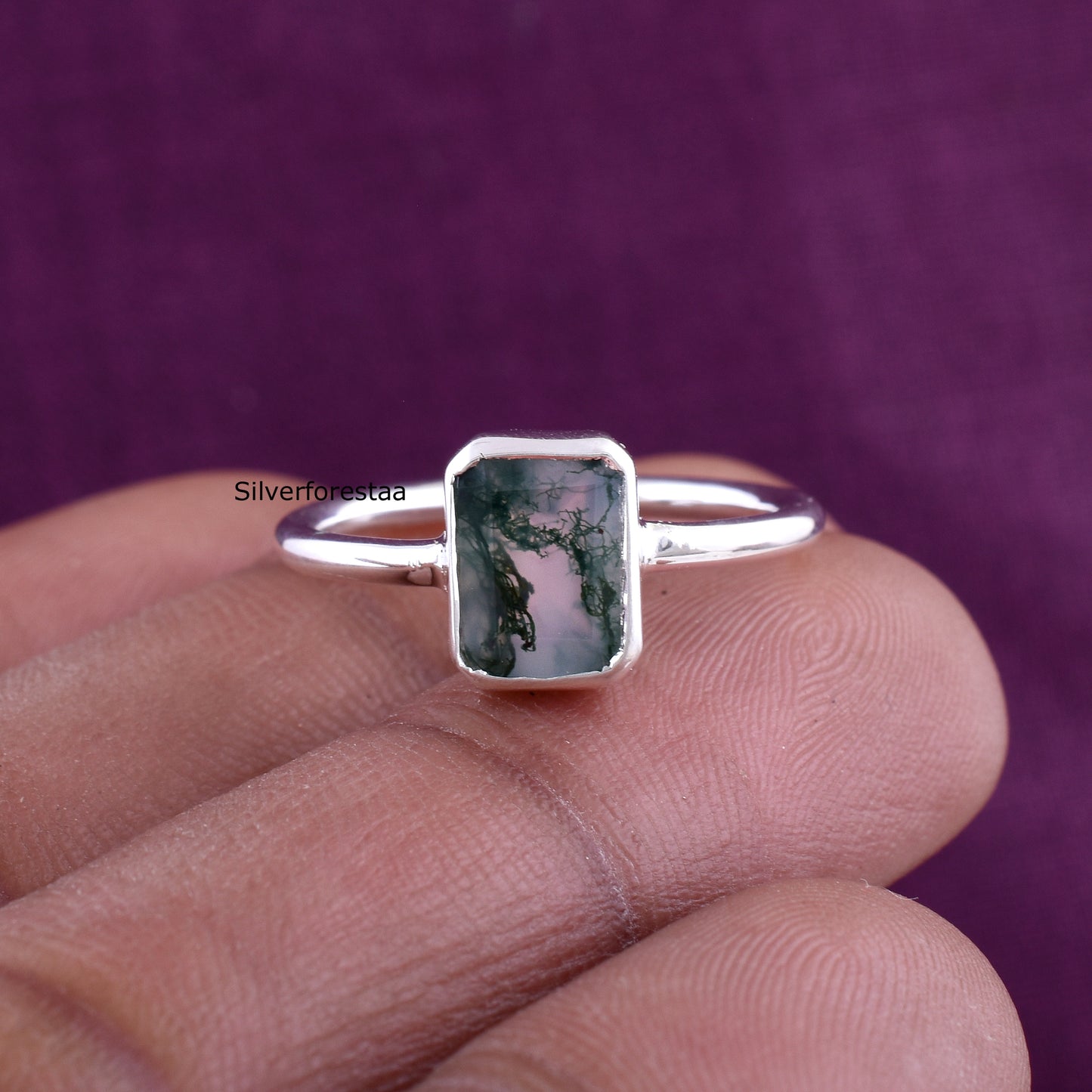 Natural Moss Agate Ring 925 Silver Gemstone Jewelry