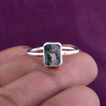 Natural Moss Agate Ring 925 Silver Gemstone Jewelry