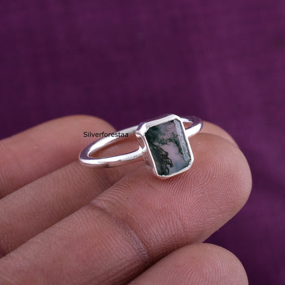 Natural Moss Agate Ring 925 Silver Gemstone Jewelry