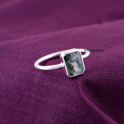 Natural Moss Agate Ring 925 Silver Gemstone Jewelry