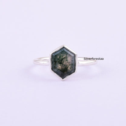 Handmade Silver Moss Agate Ring Unique Gift Idea