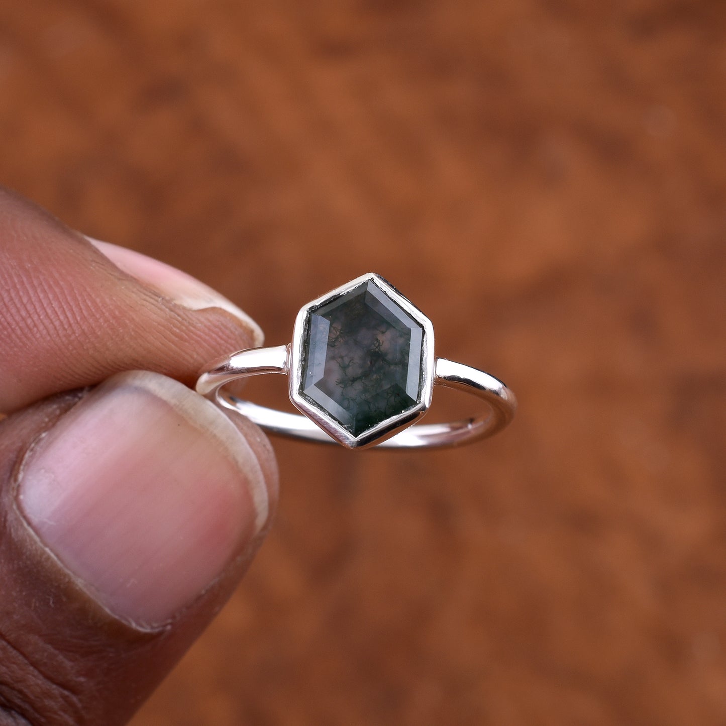Handmade Silver Moss Agate Ring Unique Gift Idea