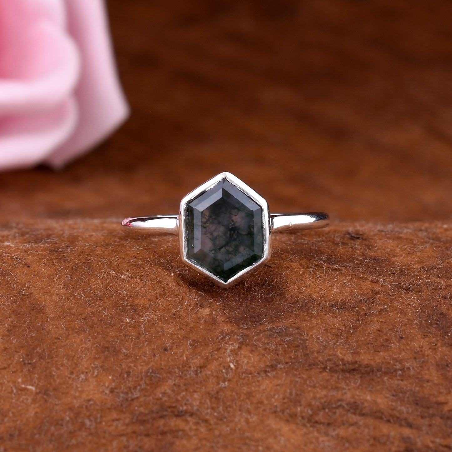 Handmade Silver Moss Agate Ring Unique Gift Idea