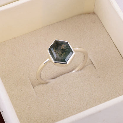 Handmade Silver Moss Agate Ring Unique Gift Idea