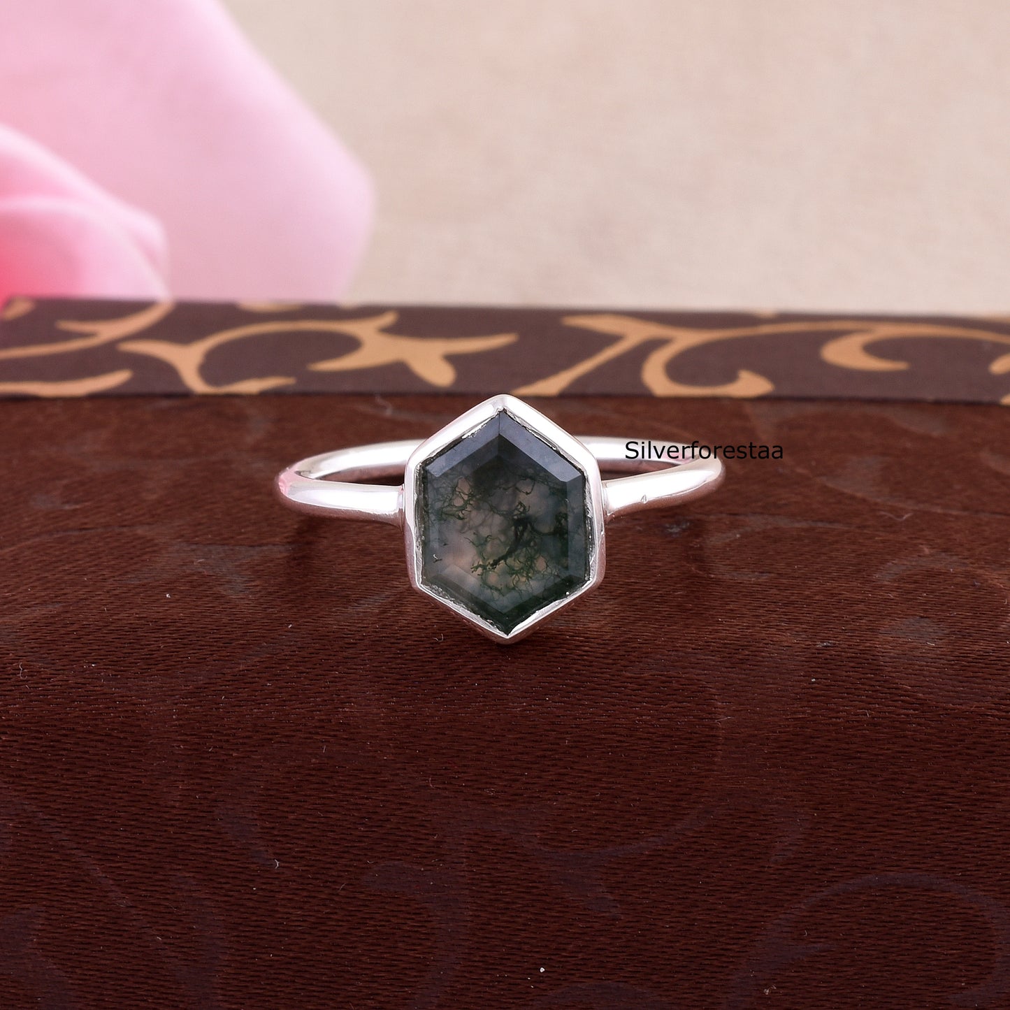 Handmade Silver Moss Agate Ring Unique Gift Idea
