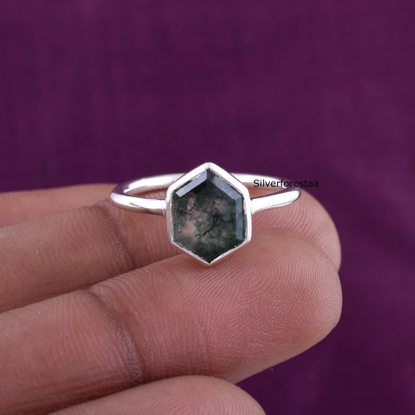Handmade Silver Moss Agate Ring Unique Gift Idea
