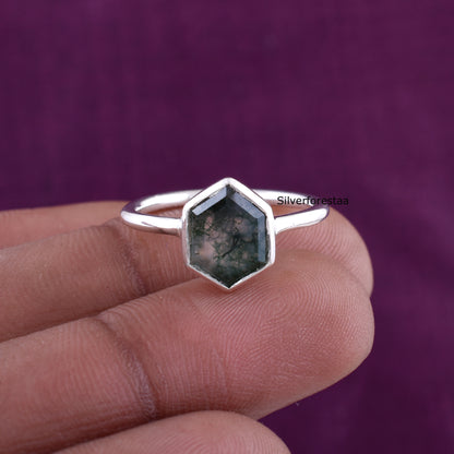Handmade Silver Moss Agate Ring Unique Gift Idea