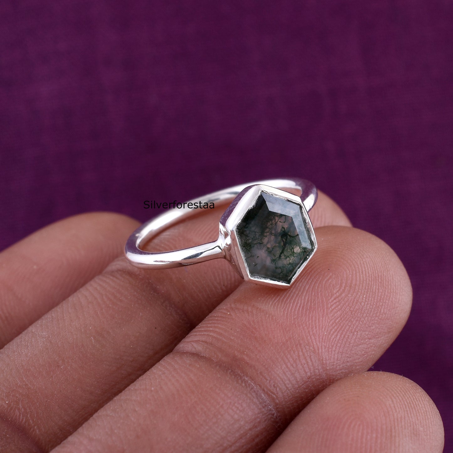 Handmade Silver Moss Agate Ring Unique Gift Idea