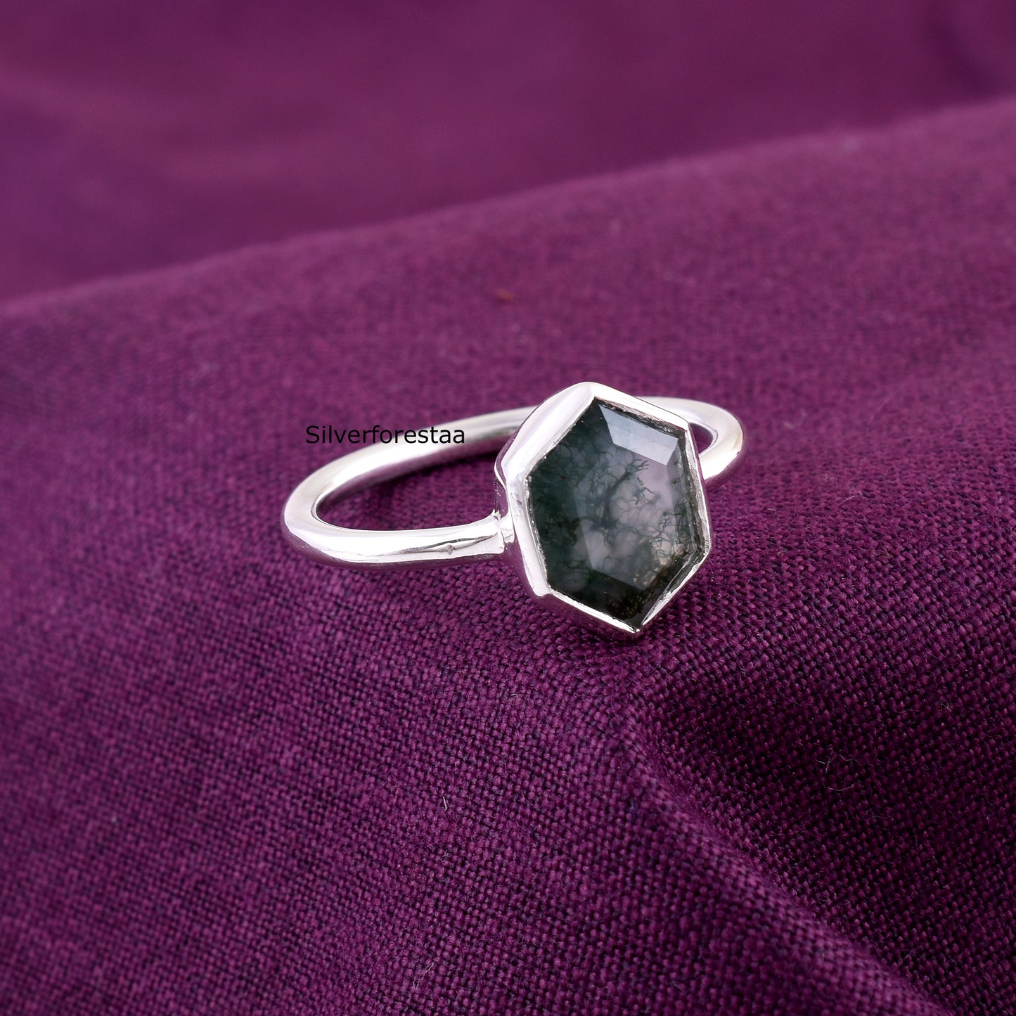Handmade Silver Moss Agate Ring Unique Gift Idea