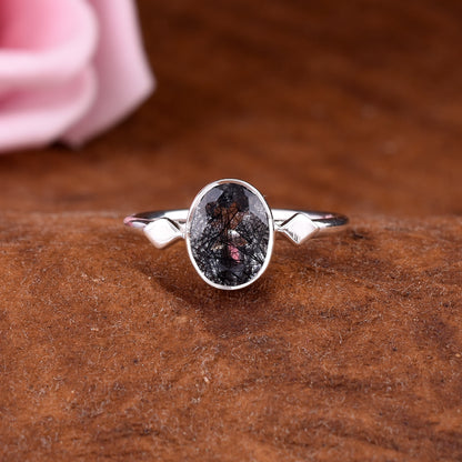 Black Rutile Gemstone Ring Handmade Silver Jewelry - SilverForestaa